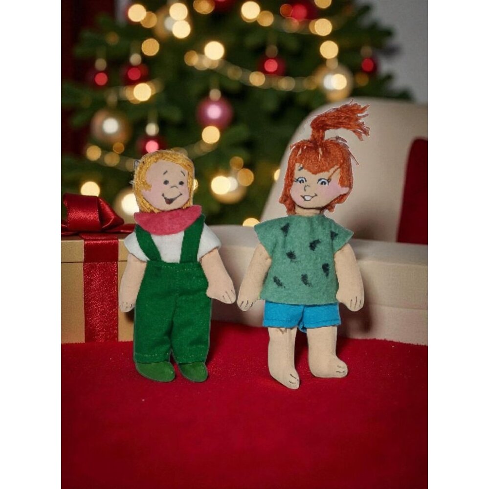 VTG Pebbles and Bam Bam Flintstones Hand Made & Painted Doll Christmas Ornaments